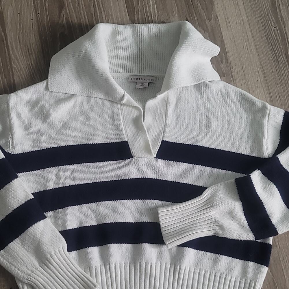 Sincerely Jules Stripe Knit Polo Sweater Blue White V‑Neck Womens Large Nautical
